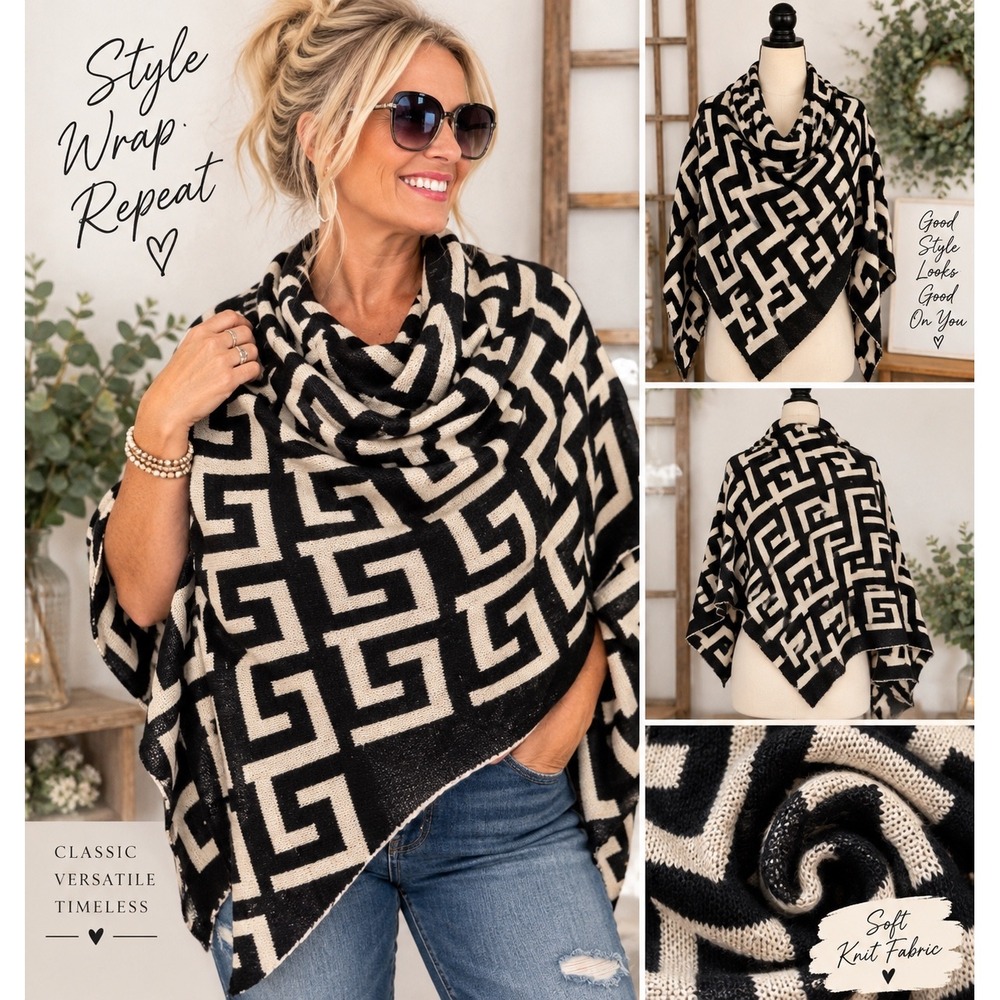Geometric Greek Key Knit Poncho Wrap Black Cream Shawl Draped Cardigan